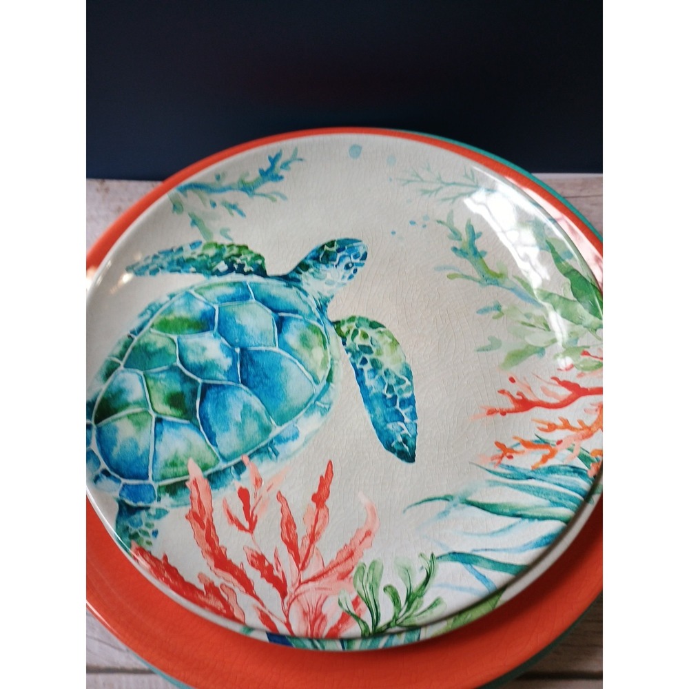 Melamine Set Of 12 Plates 9" & 11" Bowls Corals Crab Seahorse Starfish Turtle - Picture 3 of 11